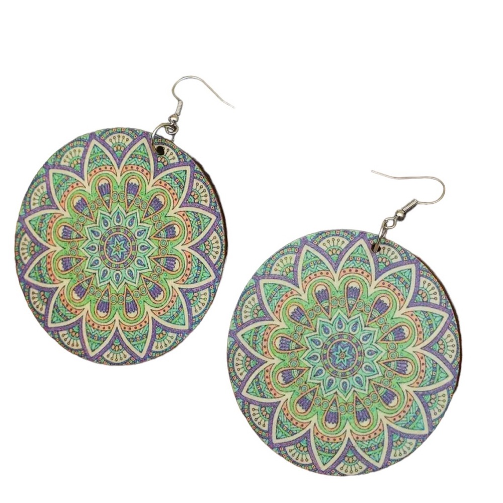 Boho Colorful Round Wooden Disk Drop Style Earrin… - image 1